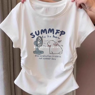 White Right Shoulder Waist Short-Sleeved Shirt for Women Summer New Design Niche Waist Slimming Short Top