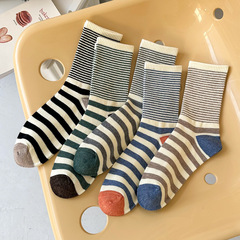 女士襪子女春秋冬季復古中筒襪撞色細條紋潮流個性百搭長筒襪批發