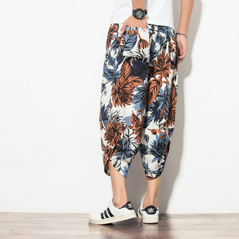 Verano japonés de talla grande para hombres pantalones cortos de lino impresos de estilo étnico estilo chino pantalones de bombachos de pierna ancha sueltos de talla grande