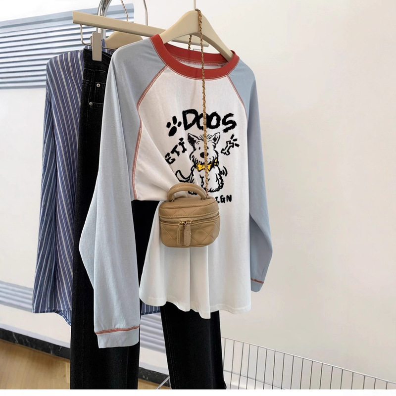 Extra Large Size 150kg American Cartoon Raglan Sleeve T-Shirt for Women Early Autum New Autum Bottoming Shirt Round Neck Top Trendy