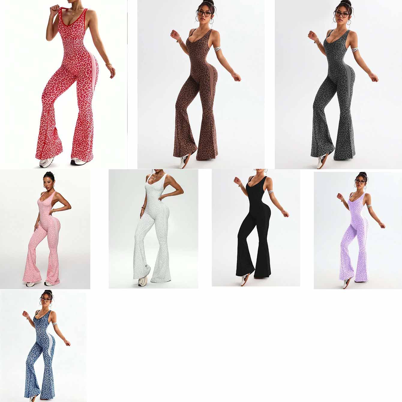 Cross-Border European and American New Leopard Print Cross-Back Micro-Flared One-Piece Yoga Wear for Women's Fitness, Sports and Leisure Outer Wear Fashion