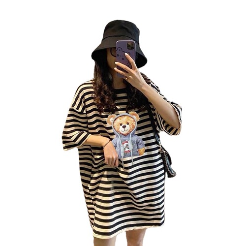 Pregnant women's short sleeve t-shirt summer dress Korean style loose round neck one-piece dress long length large size belly covering black and white striped top