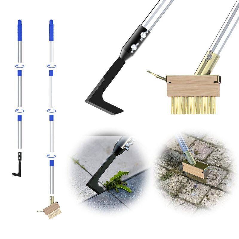 Weeding Brush Manual Crevice Weeding Tool Moss Weed Remover with Adjustable Long Handle Grout Brush Garden Steel Wire