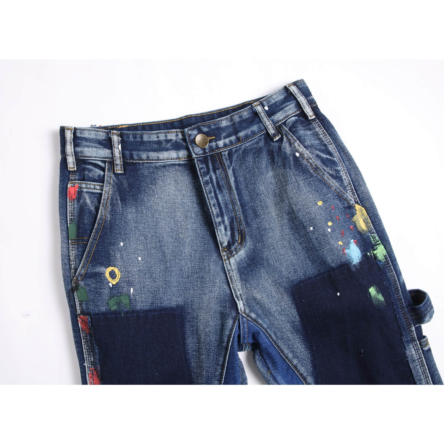 Men's Clothing punk blue multi pocket stitching loose non elastic straight tube micro flared men's jeans trend 3666_voghion.com