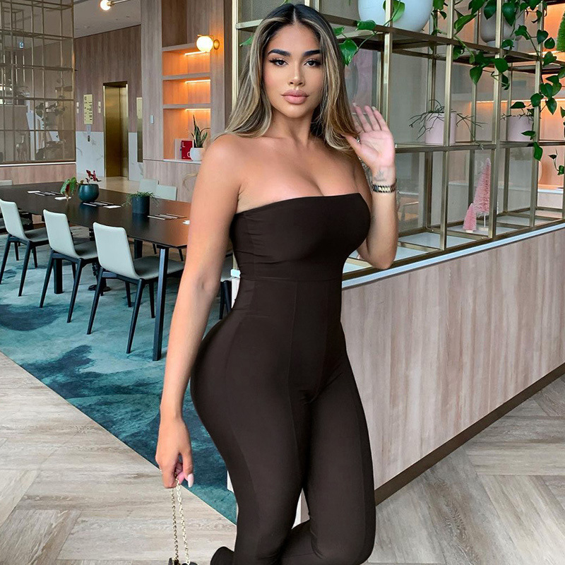 tube top slim slit solid color jumpsuit NSHTL117356