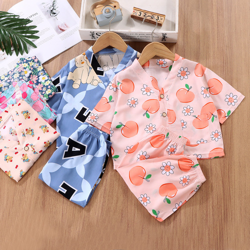 Children's Home Set Summer Sleepwear Cotton Blend Two-Piece Set Cotton Blend Air-Conditioning Suit for Kids