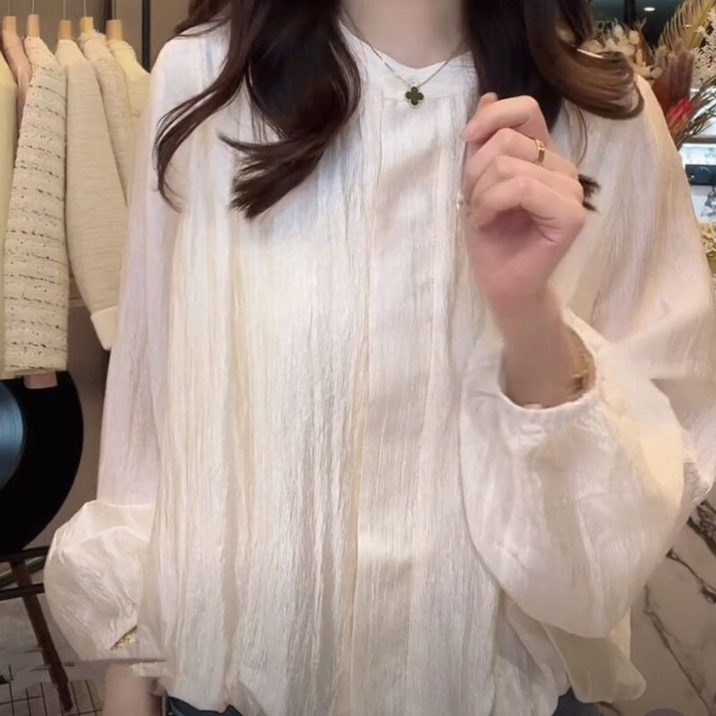 设计感纽扣纯色圆领衬衫女2025春秋爆款洋气优雅风外穿长袖衬衣|undefined