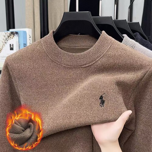 Men's winter round neck turtleneck sweater, padded and thick, business casual snow fox imitation warm slim fit knit base shirt