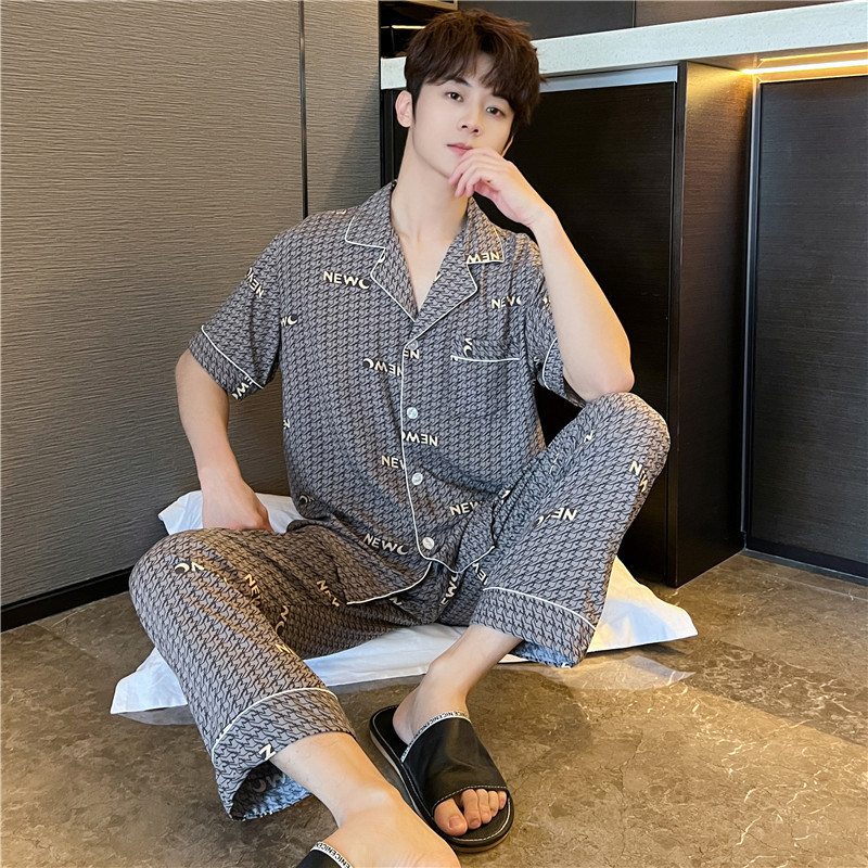 Pajamas Artificial Cotton Men's Cotton Silk Suit Summer Thin Simple Spring and Autum Artificial Cotton Silk Plus Size Home Clothes