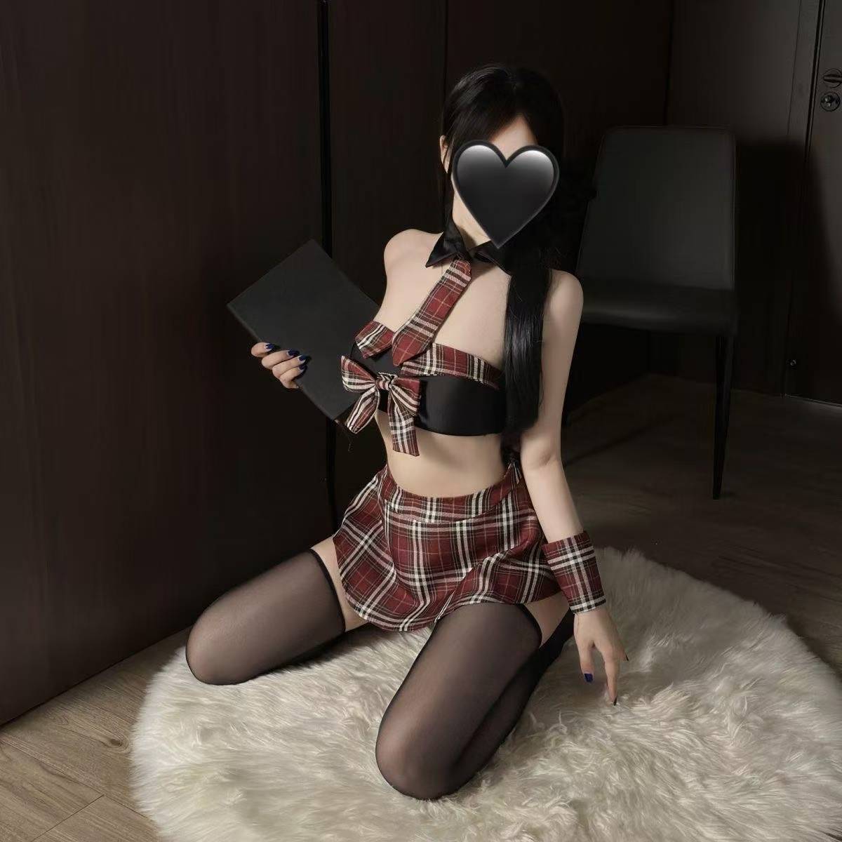 Crimson Plaid JK Uniform Lingerie Set with Pleated Skirt and Garters — detail image 5