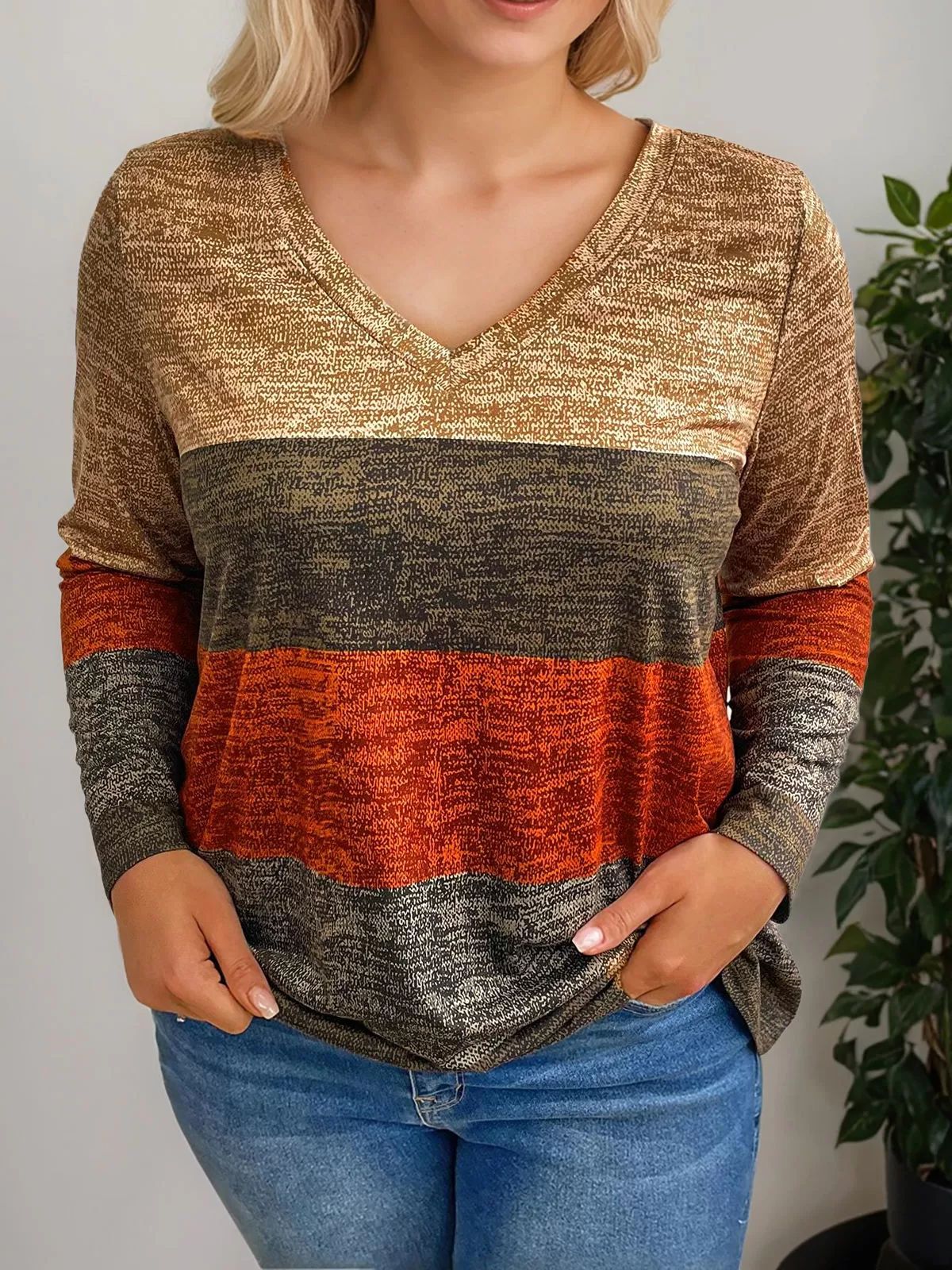 Camiseta de Mujer con Bloques de Color, Estilo Europeo y Americano, para Comercio Transfronterizo, Manga Larga, Cuello en V, Diseño de Color en Contraste, 2025 image 3