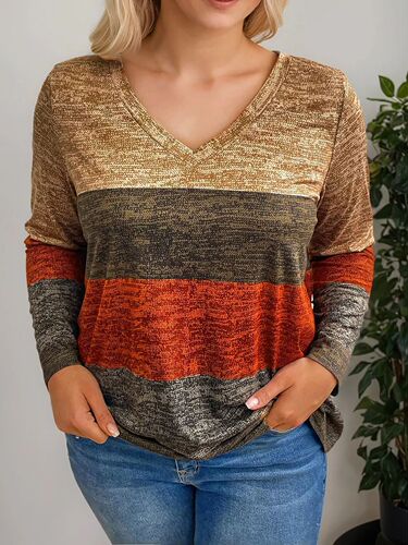 2025 European and American Cross-border Foreign Trade Women's Amazon Matching Fabric Block T-shirt Loose Long Sleeve V-neck Top Matching Design