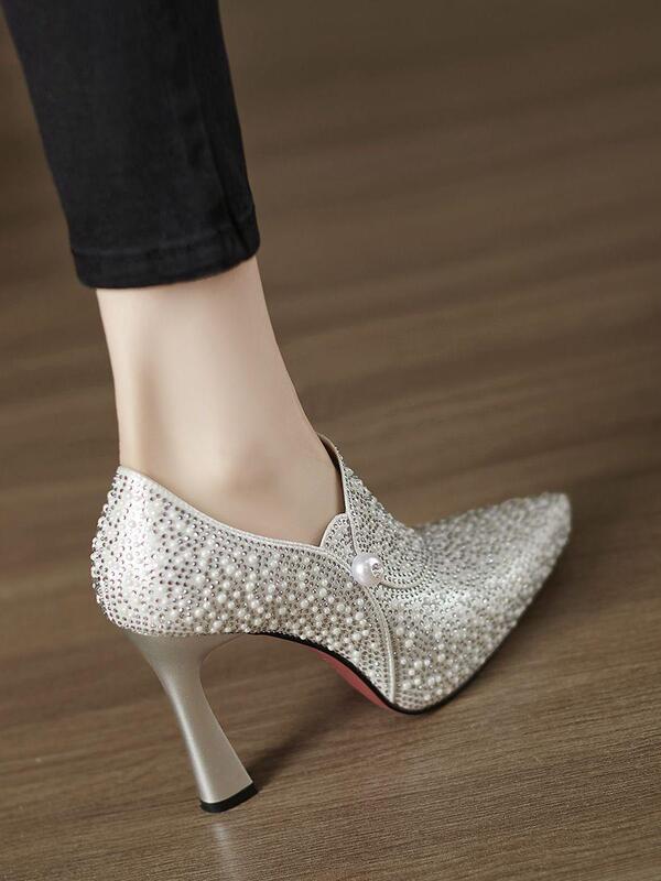 Not Tiring Feet, Waterproof Platform, Pointed Toe High Heels, Hot Diamond Silver Wedding Shoes, Versatile Shoes