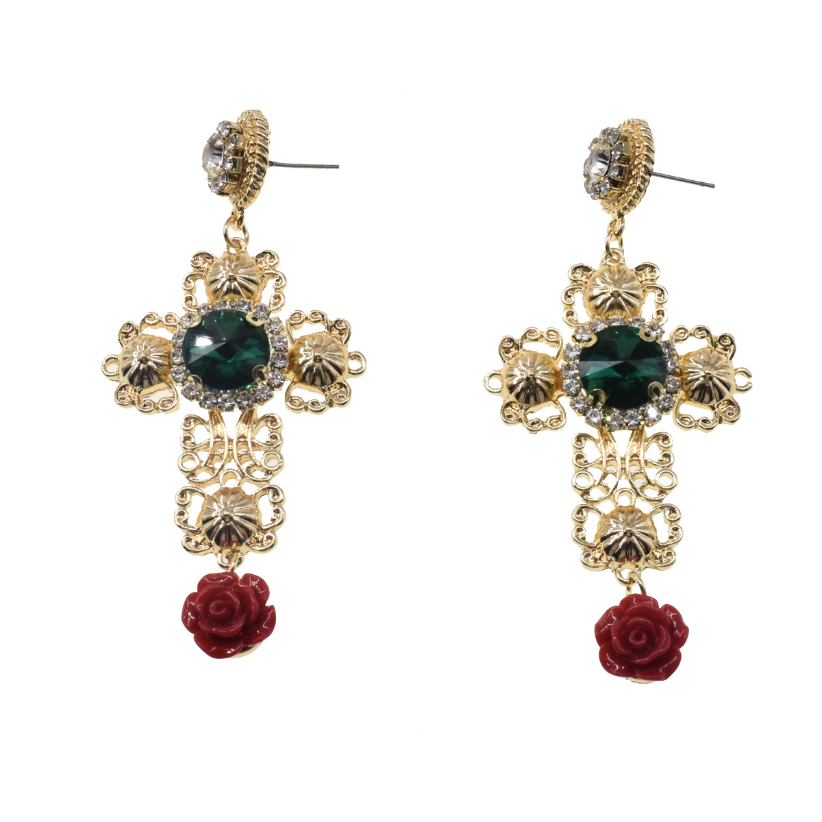 Boucles D&#39;oreilles En Or Rose Émeraude De Style Baroque Avec Perles Creuses display picture 5