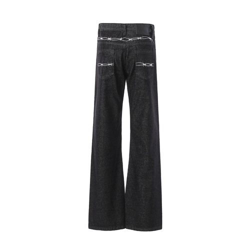 American retro thorn embroidery black ox handsome jeans for men and women's loose casual wide-leg clean fit micro-pants