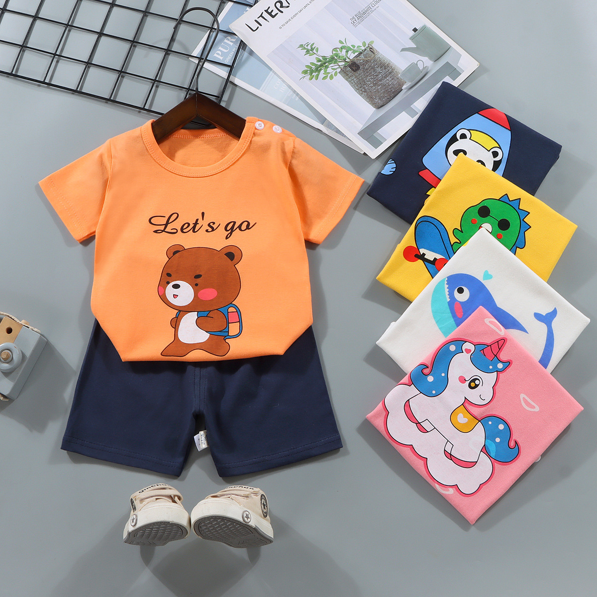 2025 New Kidsren's Short-Sleeved Suit Boys Pure Cotton Summer Shorts Two-Piece Export Girls T-Shirt Clothing Kidsren's Clothing