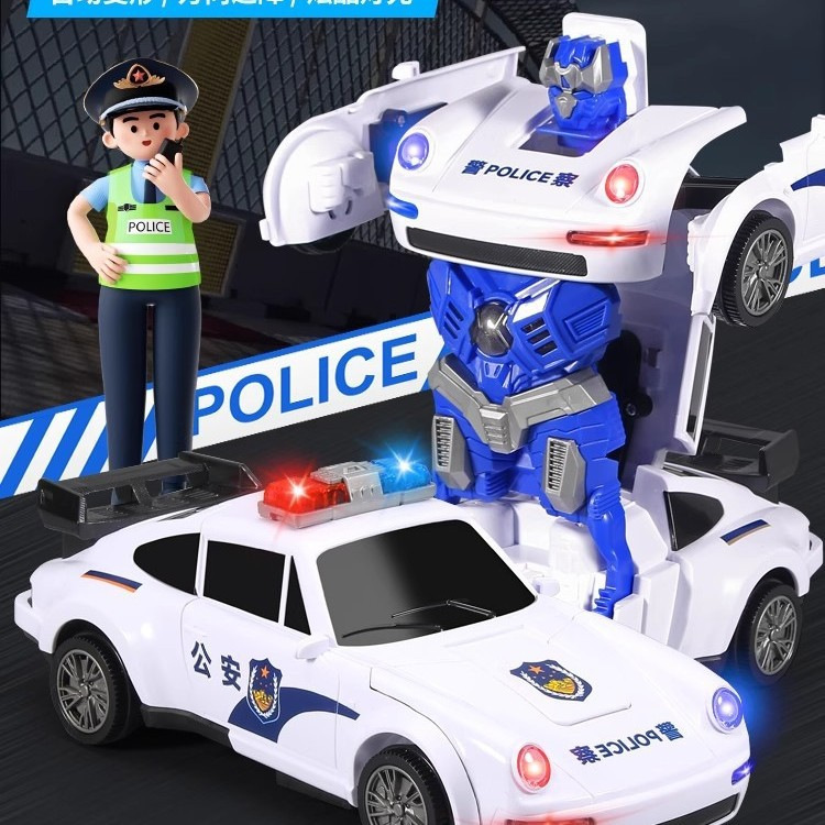 Children's Electric Transforming Police Car Toy Car Robot with Universal Rotation, Lights, and Music, Racing Model for Boys