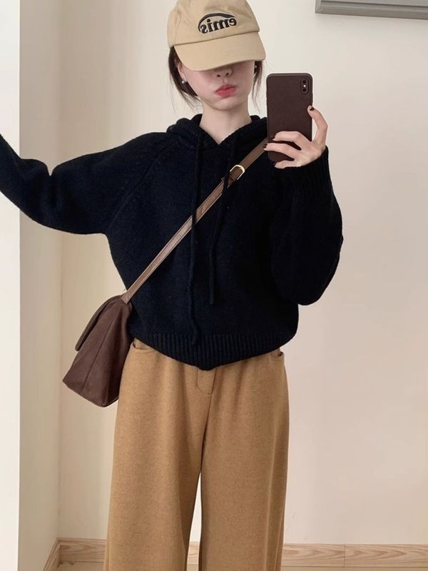休闲宽松纯色加厚连帽毛衣女冬季新款韩版短款显瘦针织衫卫衣|undefined