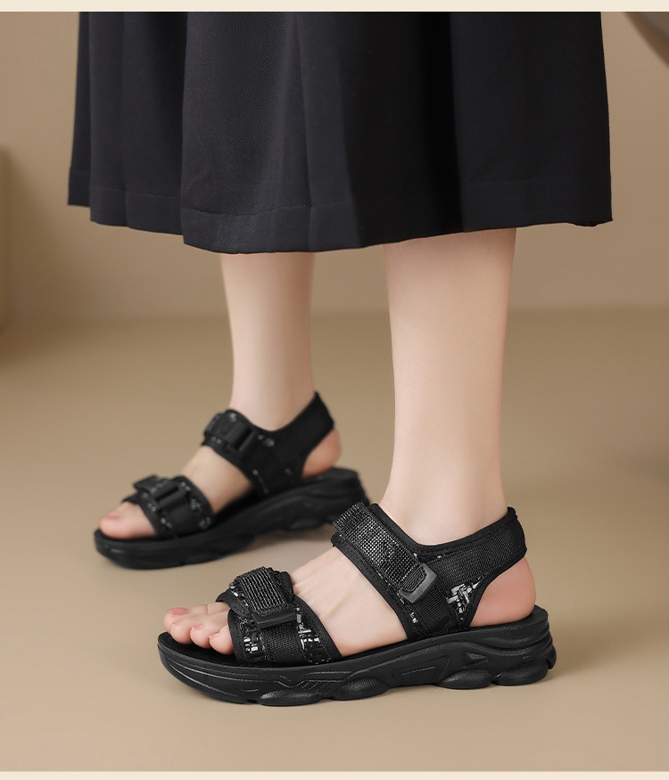 Sandal nữ đế dày quai dán đính đá phong cách thể thao — ES58 Màu be chi tiết 18