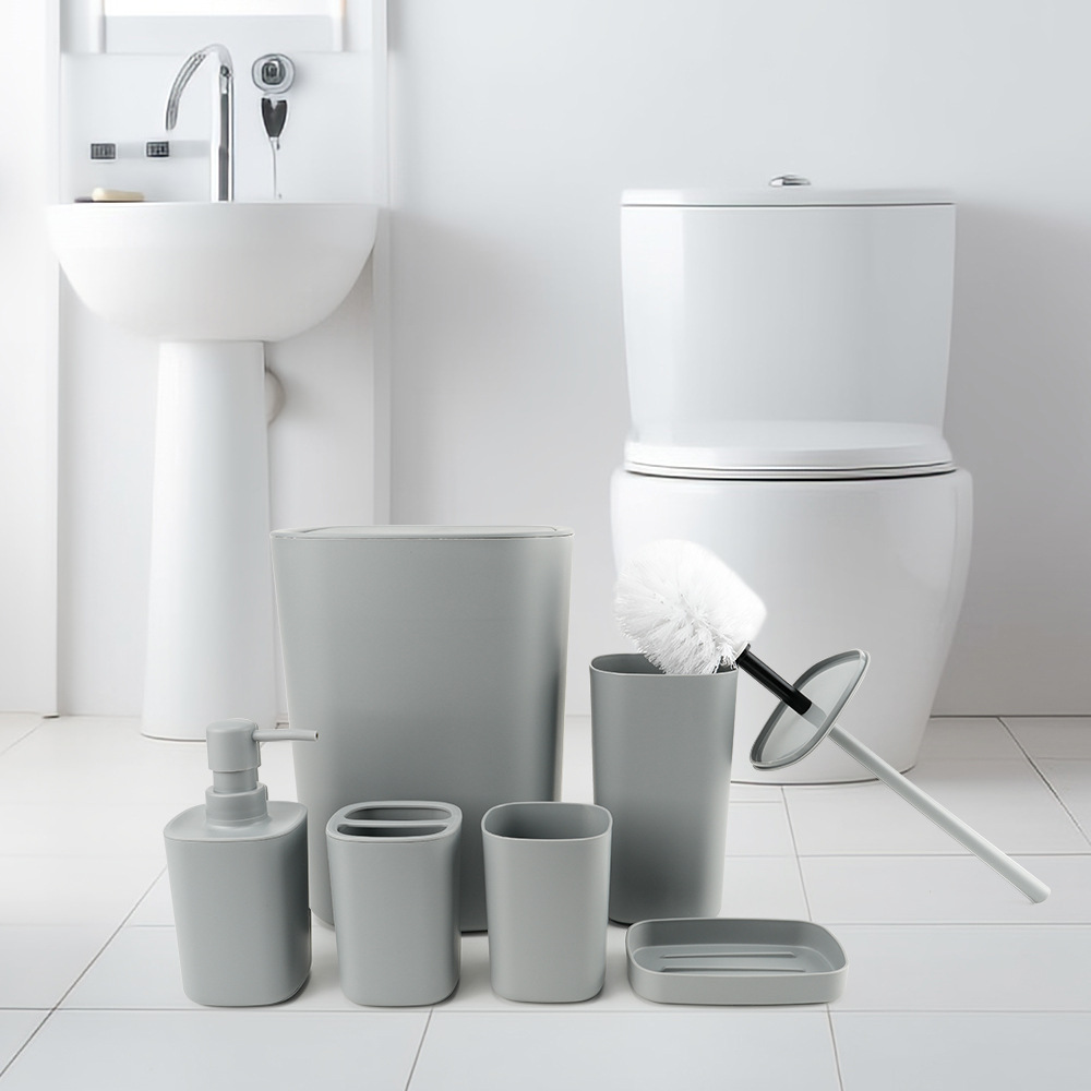 Suministros de baño de plástico cuadrado Juego de seis piezas de enjuague bucal, estante para cepillado, caja de jabón, almacenamiento de baño, juego de baño, cepillo de baño