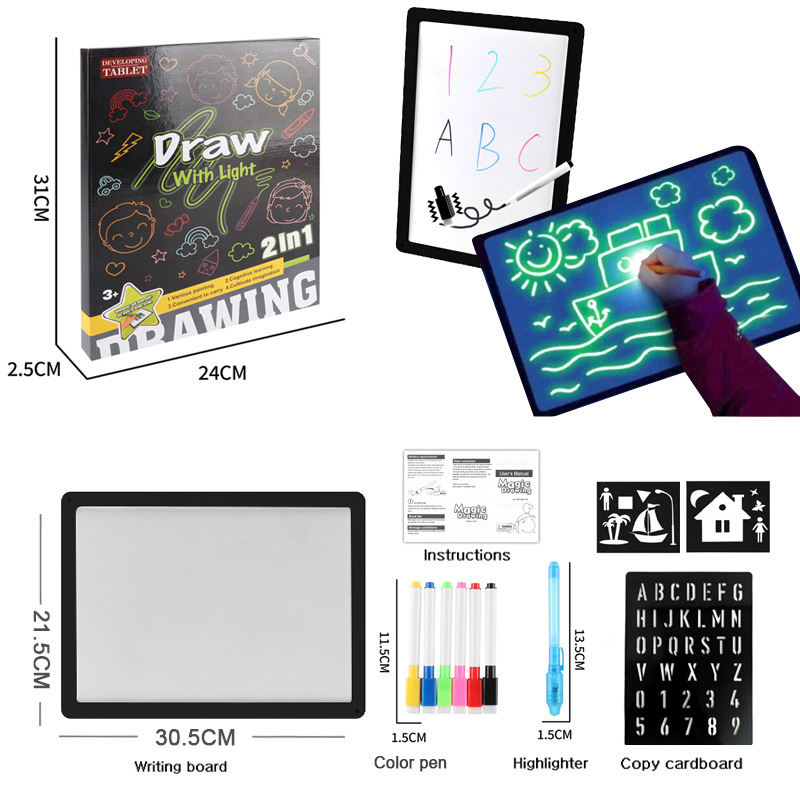 El tablero de dibujo fluorescente de la pintura libre de doble cara de los niños dos-en-uno dibuja con el tablero de escritura luminoso ligero