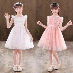女童連衣裙夏季新款蕾絲蝴蝶結公主裙白色兒童節日演出禮服蓬蓬裙