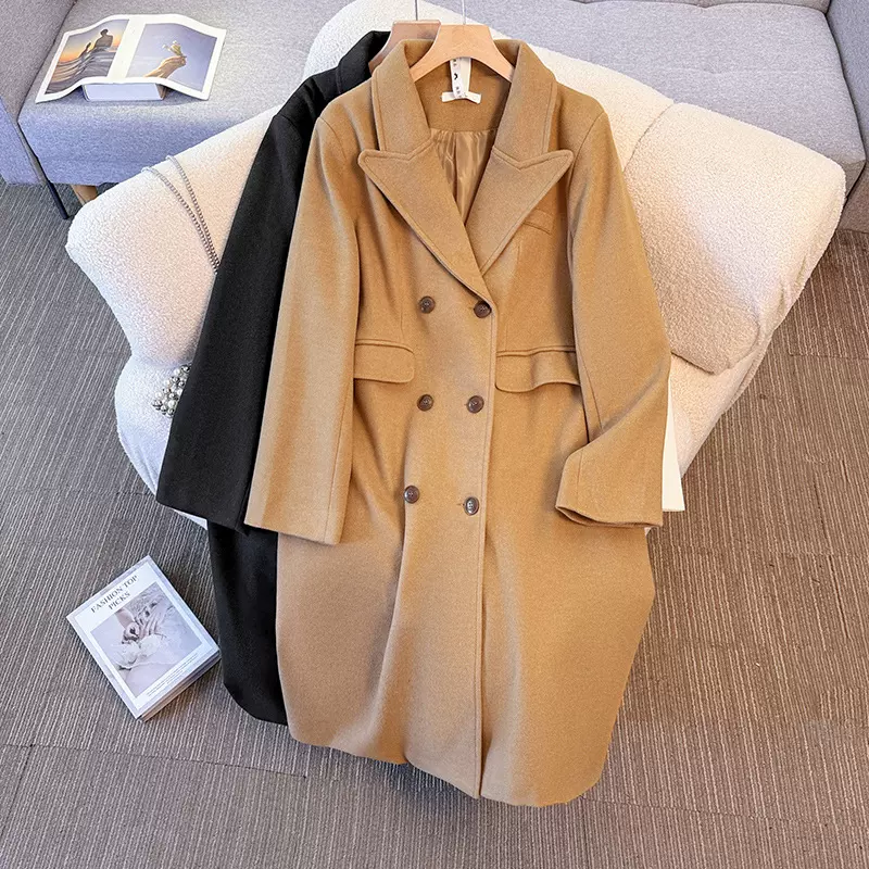 130-350斤大码女装胖mm秋冬呢子大衣英伦复古正肩中长款风衣外套