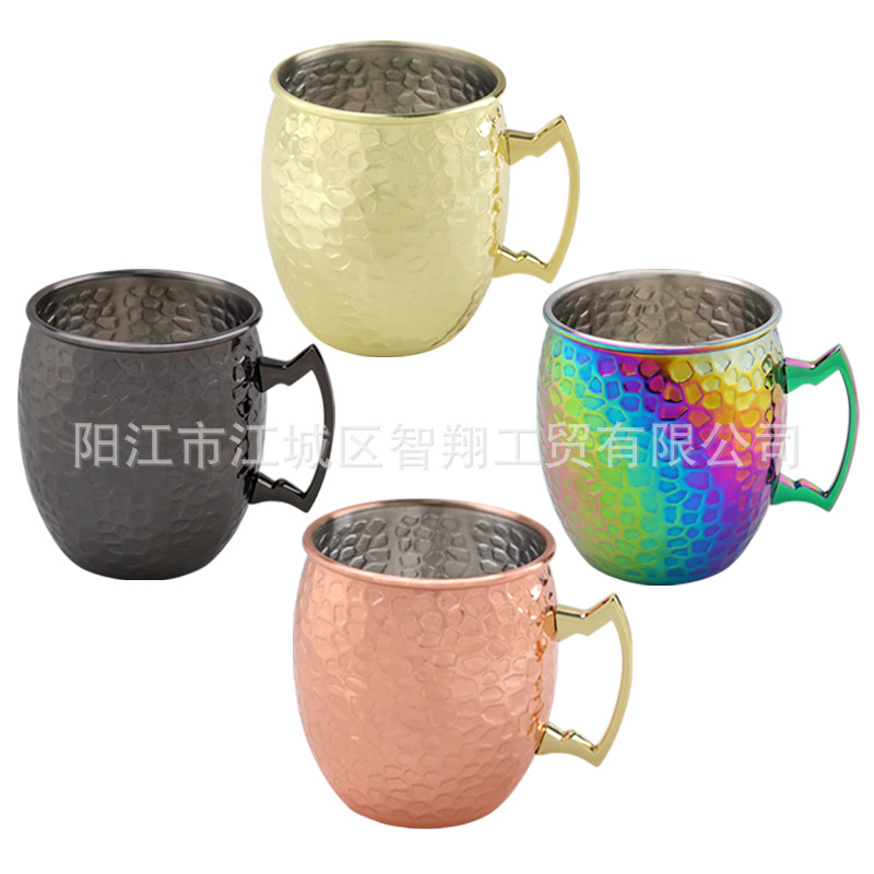La fábrica suministra 304 tazas de cóctel creativas de acero inoxidable, tazas de mulas de moscú, bares de cerveza, tazas de tambor de martillo