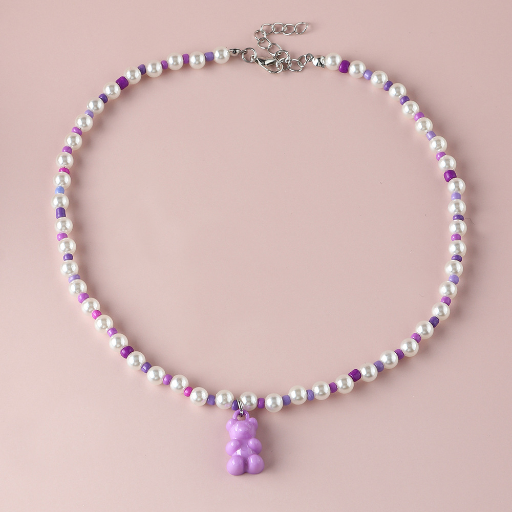 new macaron color jelly bear necklace personality trendy color rice bead pearl stitching clavicle ch