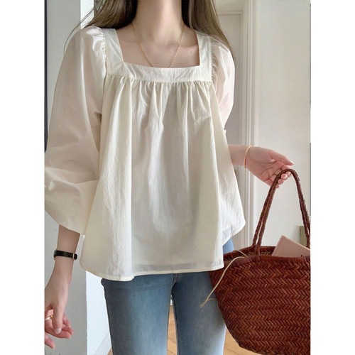 Women's Spring and Summer Korean Style Loose and Fashionable Short-Sleeve Square Collar Shirt with a Cute Japanese Vibe