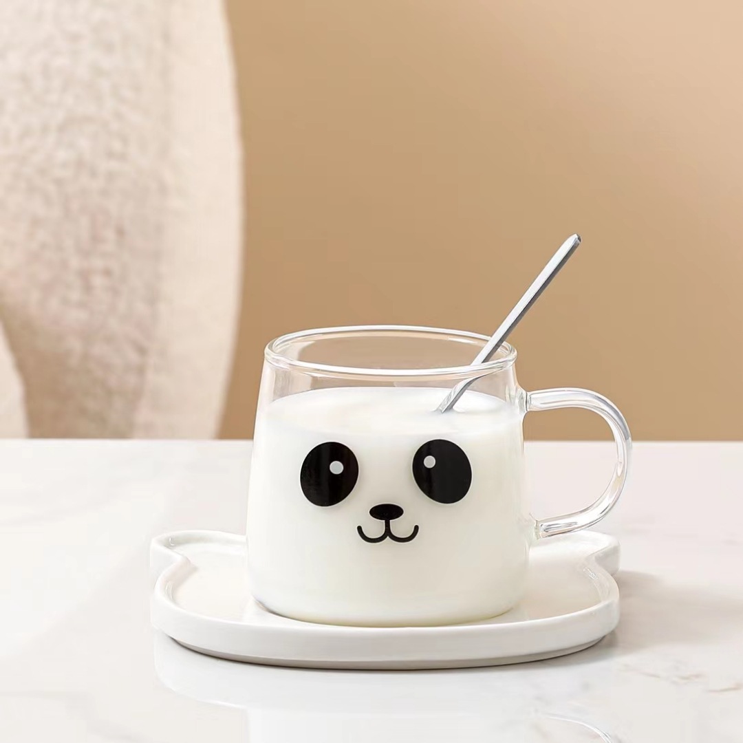 Creativo de alta apariencia de dibujos animados lindo animal expresión TAZA de vidrio taza de té de la tarde taza de café y platillo traje de combinación