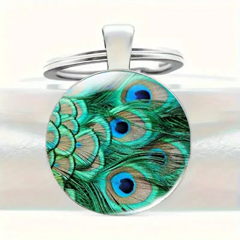 Cross-Border Foreign Trade Fashion Peacock Feather Round Glass Keychain Pendant European and American Versatile Car Backpack Accessory Cross-Border Foreign Trade Fashion Peacock Feather Round Glass Keychain Pendant European and American Versatile Car Backpack Accessory