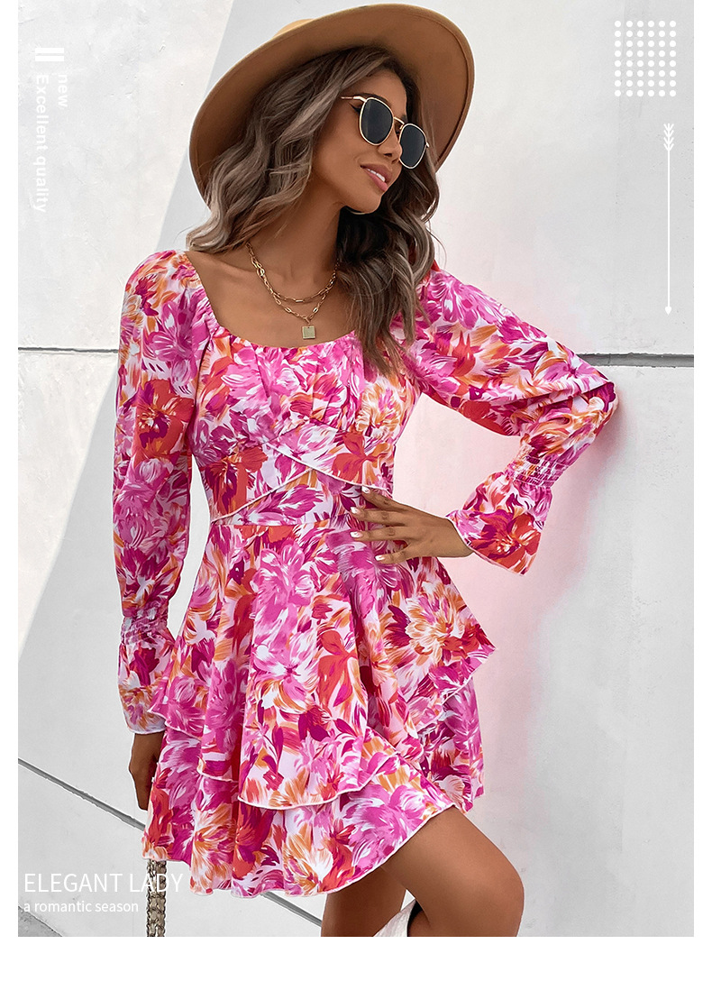 Elegant Flower Square Neck Long Sleeve Printing Patchwork Midi Dress A-line Skirt display picture 1