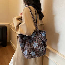 复古拼色豹纹印花托特包帆布包包大容量通勤包欧货休闲慵懒风通勤