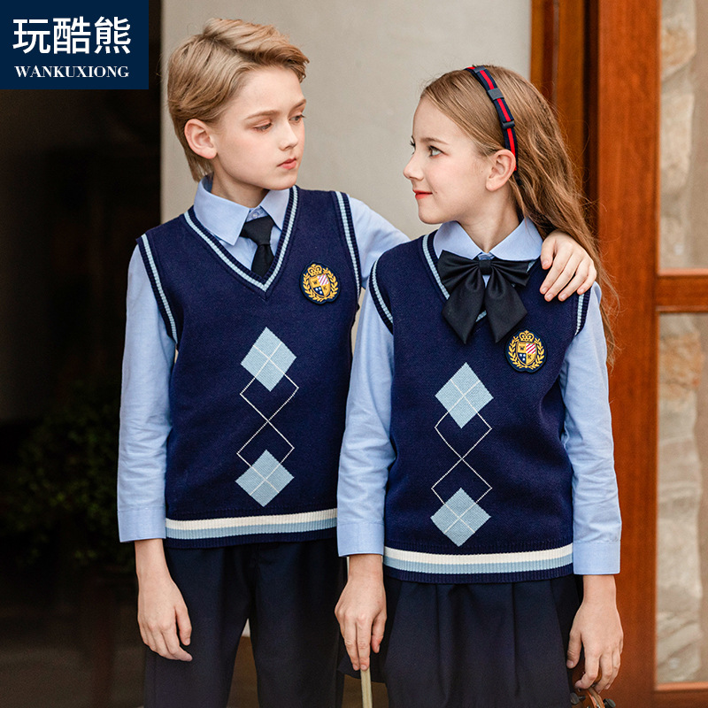 Preschooler's Spring and Autumn Uniform Set for Primary School Students - Boys and Girls, British Academic Style Knitted Cardigan Top and Bottom Set