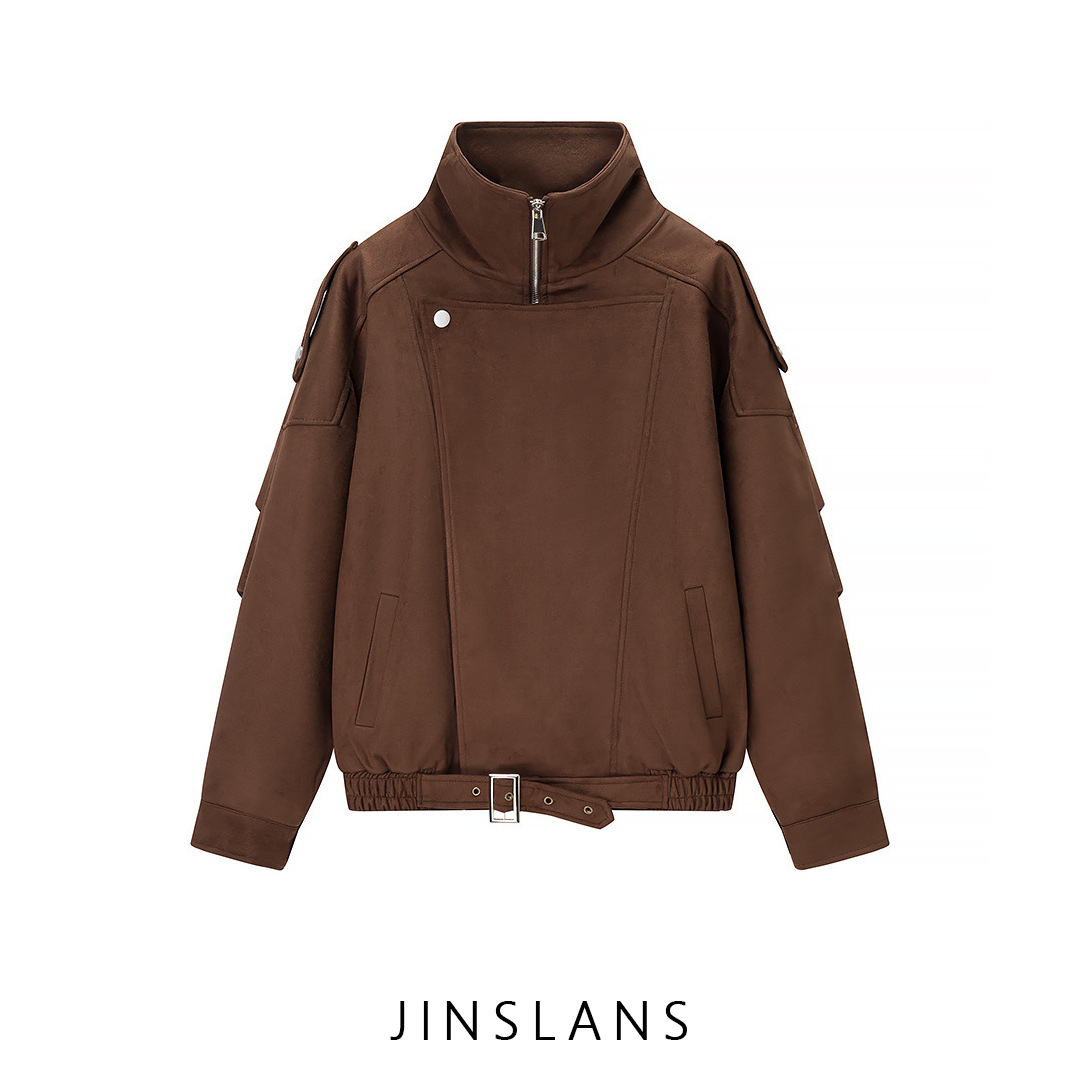 Cross-Border Za European and American Style Women's Clothing Aliexpress Ins Thickeneded Deerskin Velvet Personalized Street Motorcycle Jacket Short Jacket