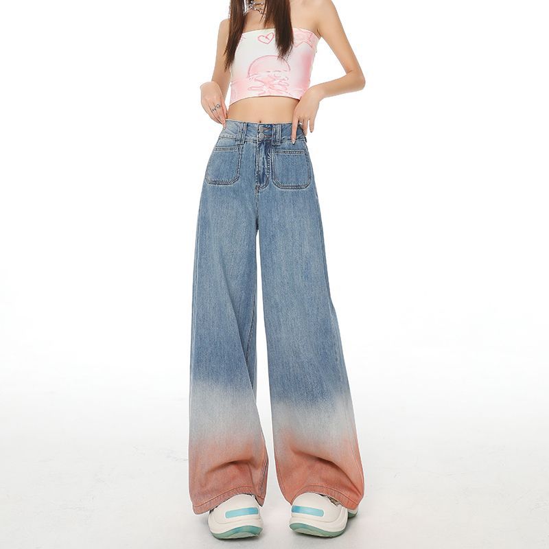 Autumn Gradient Color High-Waisted Loose Wide-Leg Jeans for Women, Slimming Straight-Leg Loose Floor-Length Pants Wholesale
