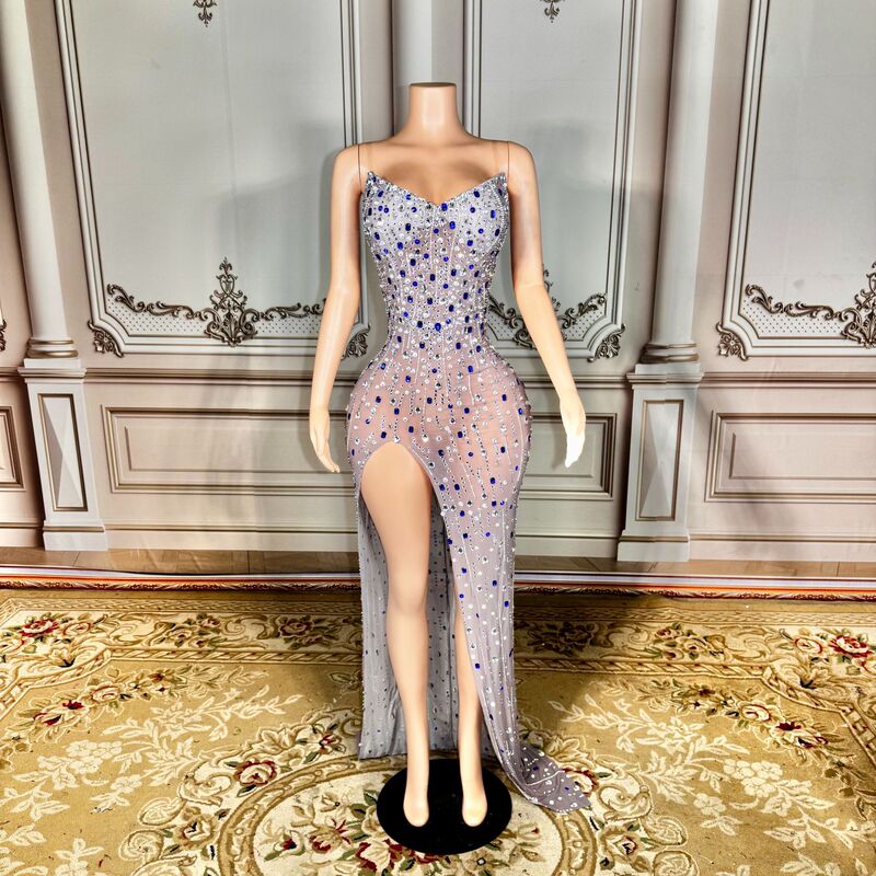 Luxurious and Sexy Backless Strapless Long Dress with Colorful Rhinestones, Club Gogo Performance Outfit, Banquet Evening Dress
