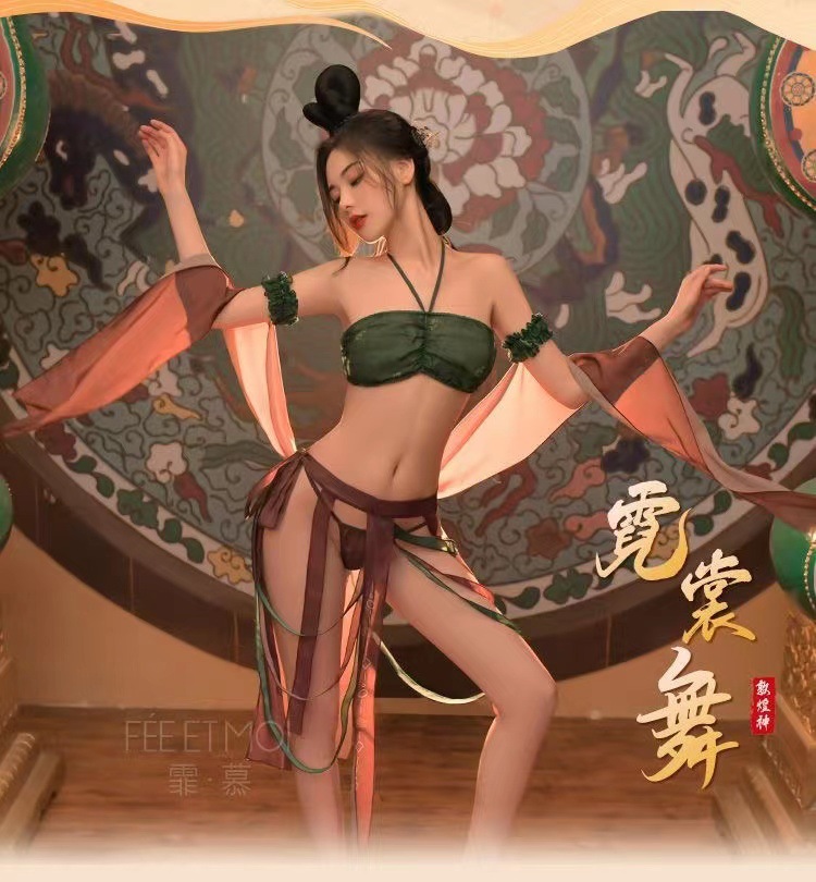 Dunhuang Apsara Hanfu Cosplay Lingerie Set, Black Mesh with Garters, Women’s Pajama Suit — detail image 4