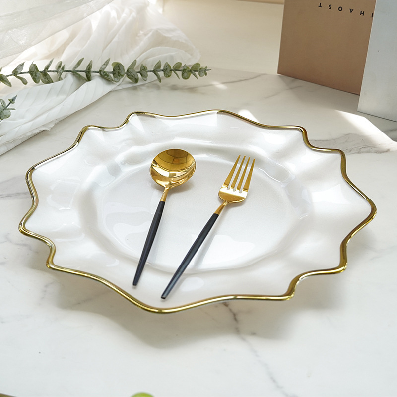 Simple Lace Glass Plate, Irregular Gold-Rimmed Plate, Western Dinner Plate, Steak Plate, Hotel Party Decorative Plate Ornaments