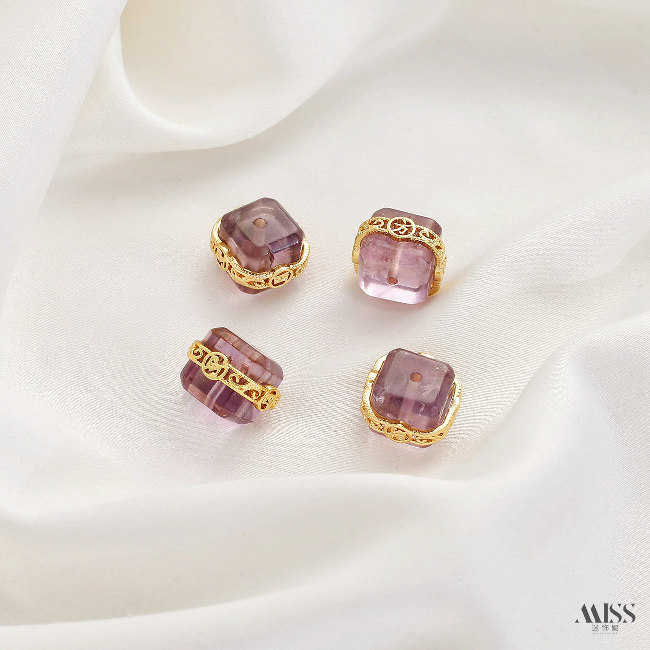 Inlaid with natural amethyst, plated with real gold and thick silver, angel and osmanthus drop-shaped decorative bead pendant DIY jewelry accessories
