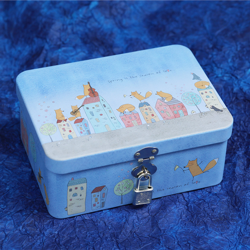 Caja metálica rectangular de tamaño mediano con cerradura, caja de hierro creativa para empaque de regalos, caja de regalo sellada de hojalata.