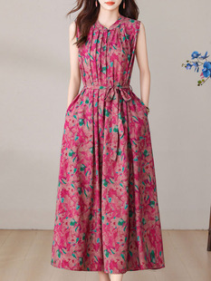 Middle-Aged Mother Summer Dress 2025 New Floral Middle-Aged and Elderly Cotton Silk Long Skirt Dignified and Stylish Outer Wear