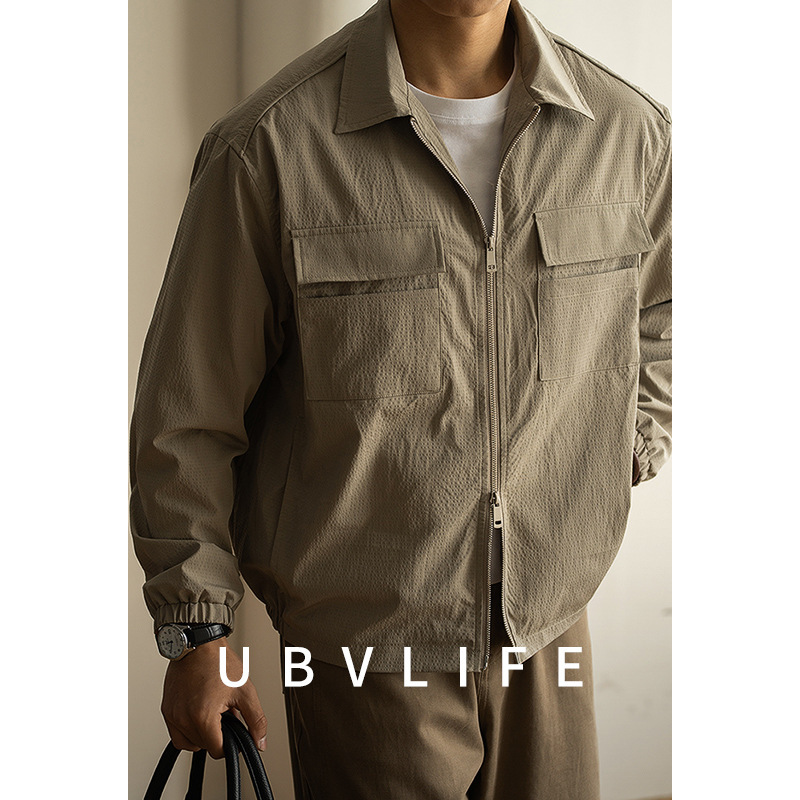 Lightweight seersucker double zipper lapel short thin coat men's 2025 spring casual work jacket