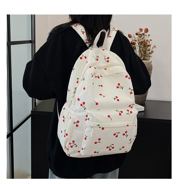 1197g Weight Polyester Lining Material Zipper Closure Type Double Shoulder Straps Strap Type Casual, School, Daily Occasion Corduroy Material Back To School Festival School Backpack Backpack Cherry Pattern All Seasons Season Women's Gender Cute Style Shell Shape Cherry Casual School Daily School Backpack 无
