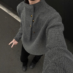 不規則なボタンのデザイン感の高い襟のセーターの男性の韓国系のファッションのブランドのごろつきのハンサムで怠惰なoversizeニットの上着