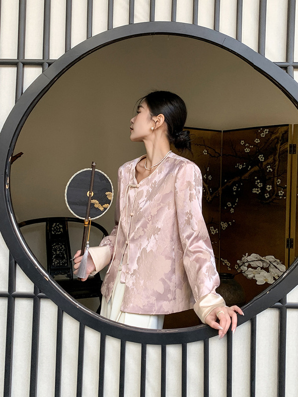 JWUNIQUE酒窝粉色新中式国风圆领外套女秋季2025休闲气质百搭上衣|undefined