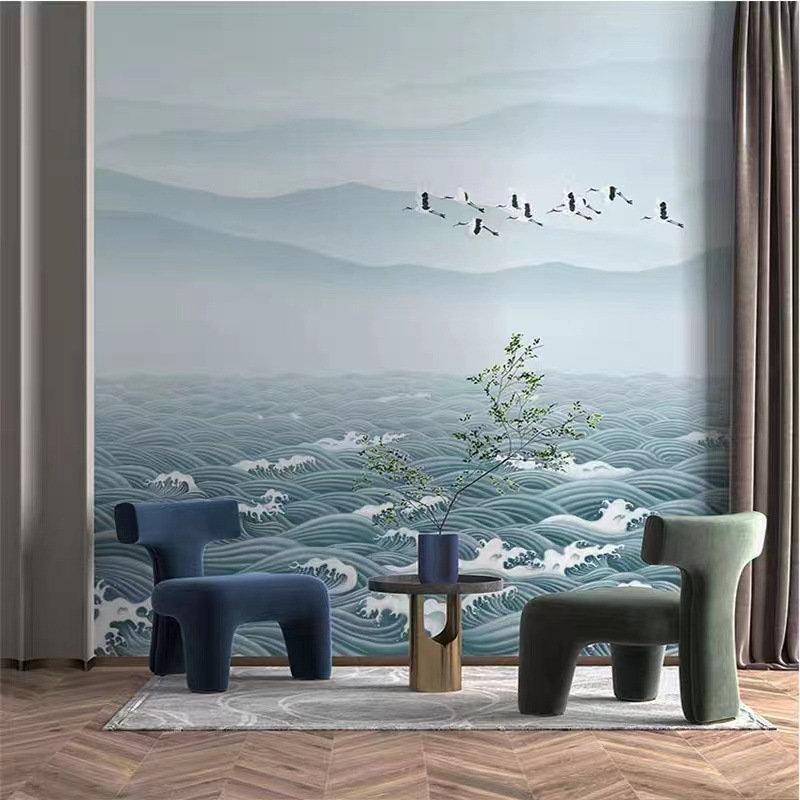 新中式海浪仙鹤壁画背景墙壁纸沙发餐厅茶室样板书房酒店大堂墙布