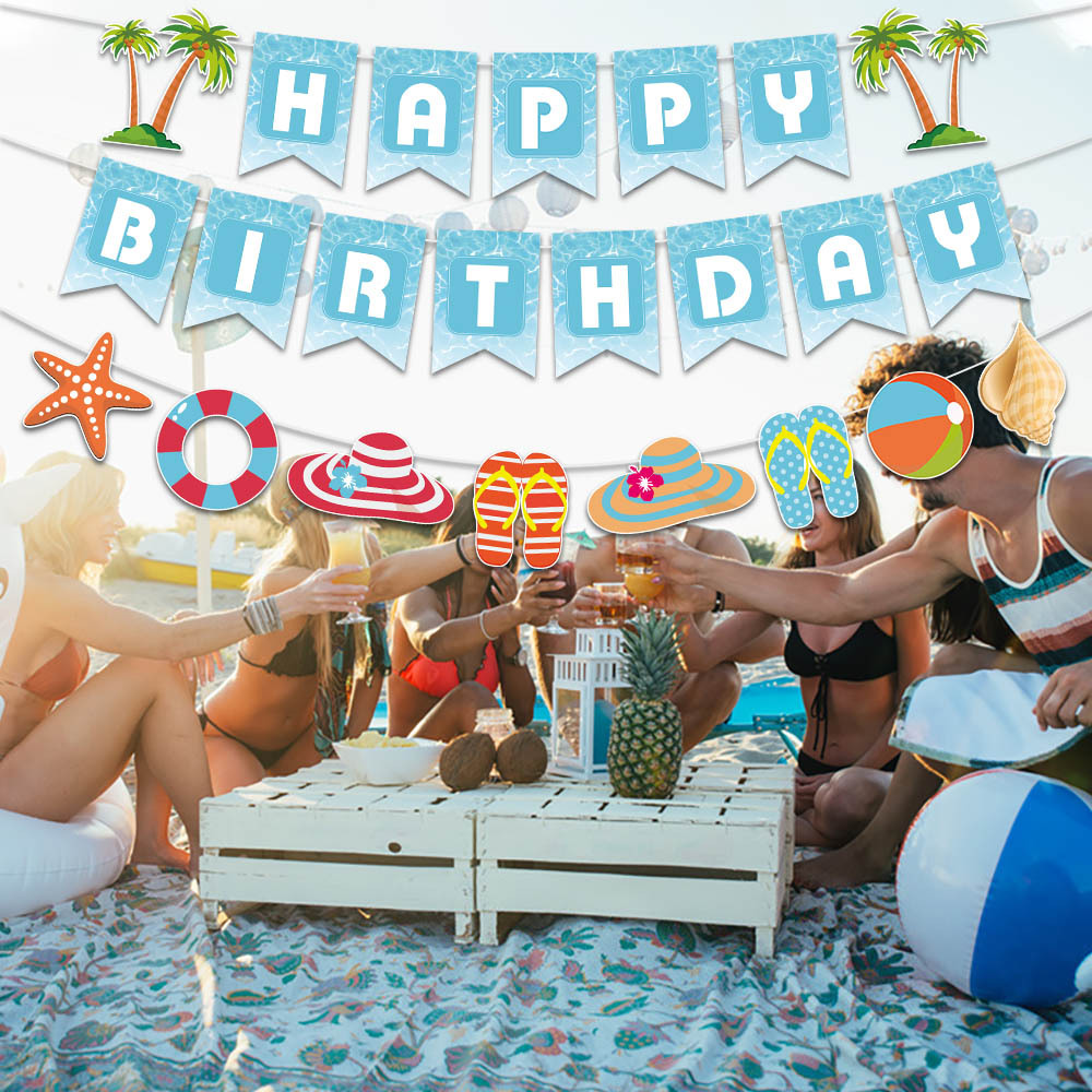 Nueva decoración de cumpleaños de verano, bandera de tracción, decoración de escena de verano, bandera de tracción de cumpleaños, decoración de fiesta hawaiana