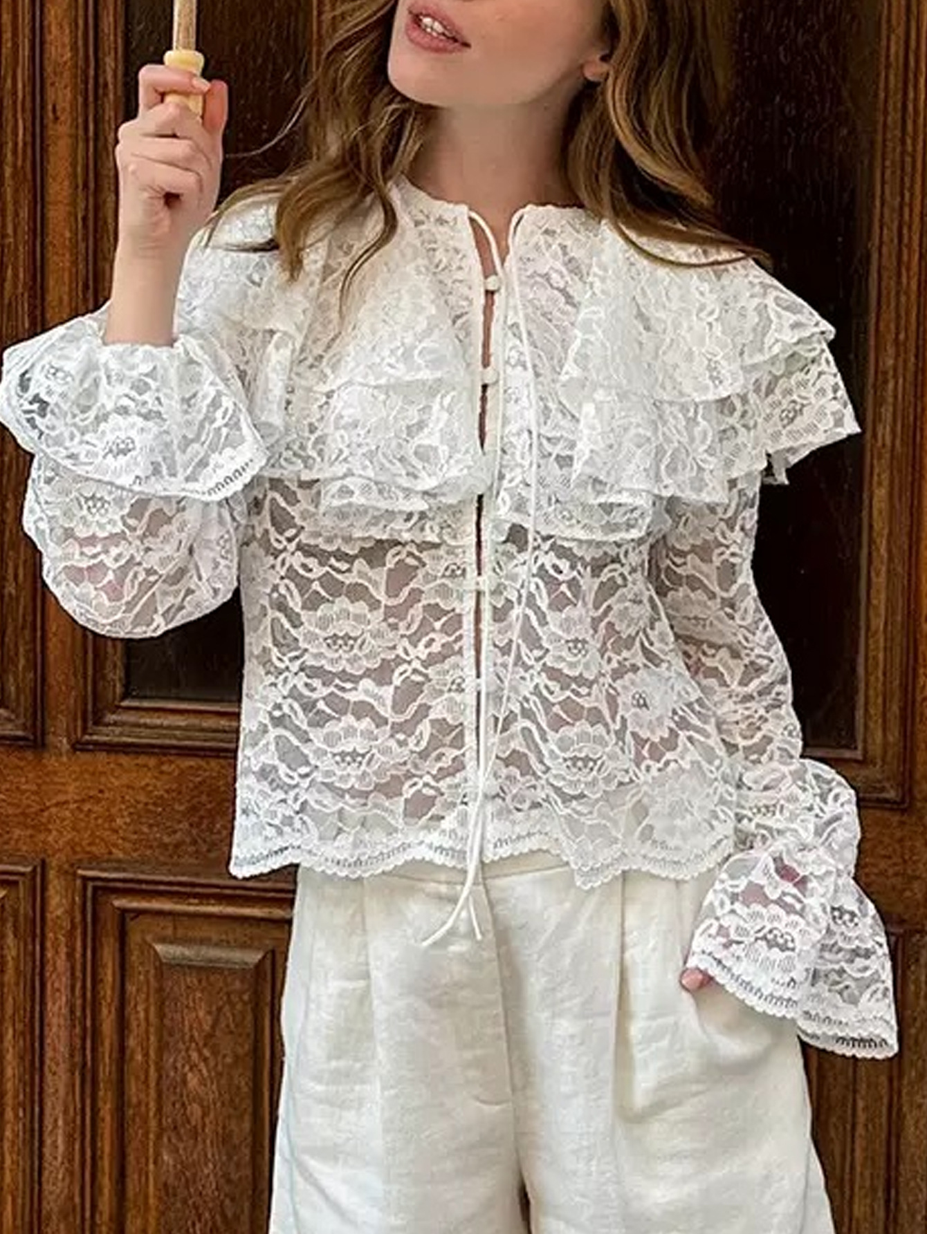 Camisa con Doble Cuello de Volante para Mujer de Poliéster con Encaje Manga Larga para Invierno
